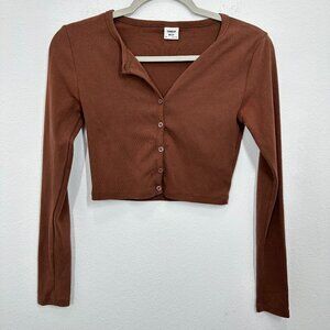 Sunday Best Revolve Brown Cropped Button Front Henly Longsleeve Scoopneck XS